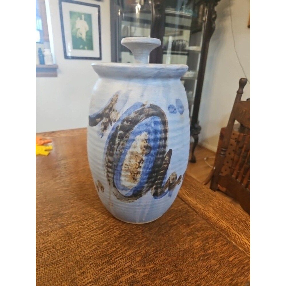 Beautiful Stoneware Blue Crock W/ Lid-14" Tall
